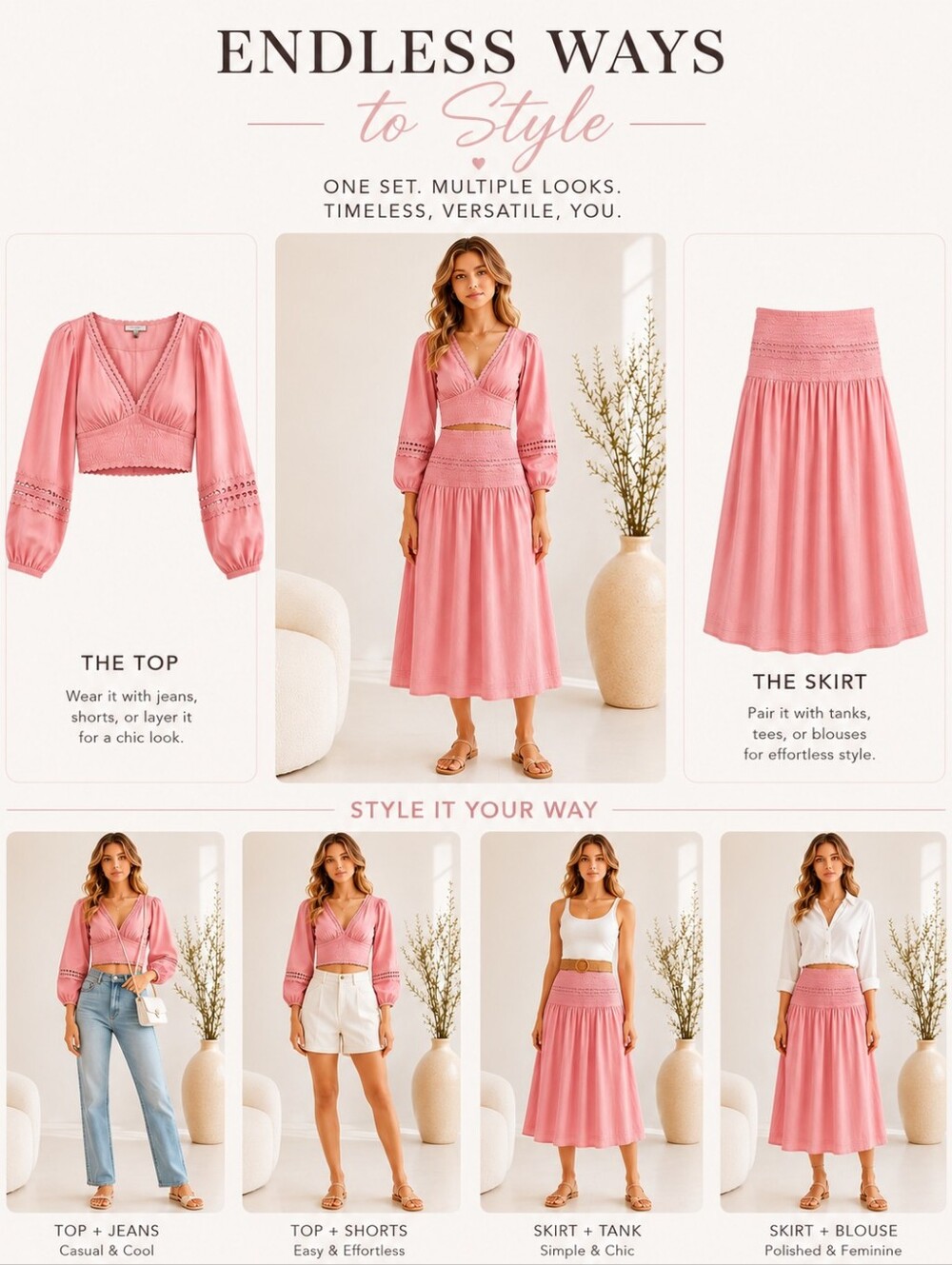 A New Day Pink Two-Piece Set XS | Lace Trim Crop Top & Smocked Midi Skirt | - Picture 3 of 9